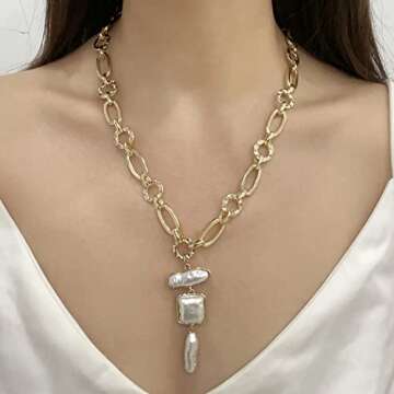 Donabus Statement Pearl and Chain Necklace,Mixed Chain and Trendy Organic Pearl Choker,Chunky Necklaces for Women (B)