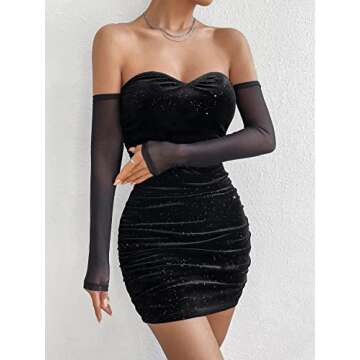 WDIRARA Women's Off Shoulder Velvet Mesh Long Sleeve Ruched Glitter Bodycon Party Mini Dress Black S