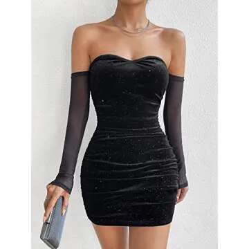 WDIRARA Women's Off Shoulder Velvet Mesh Long Sleeve Ruched Glitter Bodycon Party Mini Dress Black S