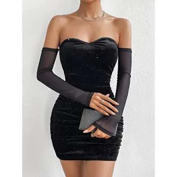 WDIRARA Women's Off Shoulder Velvet Mesh Long Sleeve Ruched Glitter Bodycon Party Mini Dress Black S