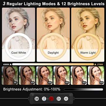 𝗡𝗲𝘄𝗲𝘀𝘁 13" Selfie Ring Light with 76" Stand and 3 Phone Holder, 53 Lighting Modes,...