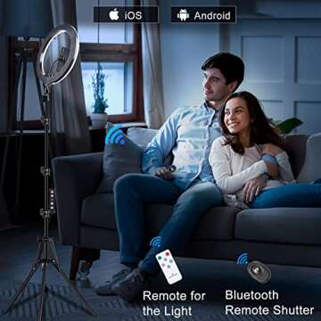 𝗡𝗲𝘄𝗲𝘀𝘁 13" Selfie Ring Light with 76" Stand and 3 Phone Holder, 53 Lighting Modes, iPad Holder, Remote, Desk Tripod, RGB Ringlight for iPhone. Vlogging Circle Led Halo Light Photo Video Kit