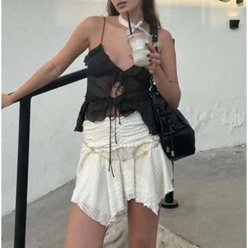 Women See Through Mesh Crop Top Y2k Tie Front V Neck Top Ruffle Trim Cami Top Open Front Tank Top Su...