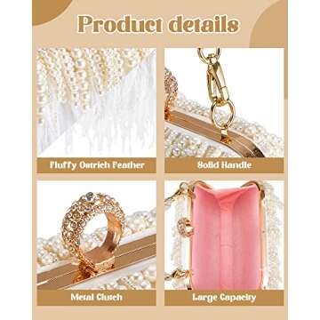 Tessco Women Ostrich Feather Tote Bag Fluffy Purse Clutch Feather Evening Handbag for Wedding(White with Pearl)
