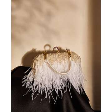 Tessco Women Ostrich Feather Tote Bag Fluffy Purse Clutch Feather Evening Handbag for Wedding(White with Pearl)