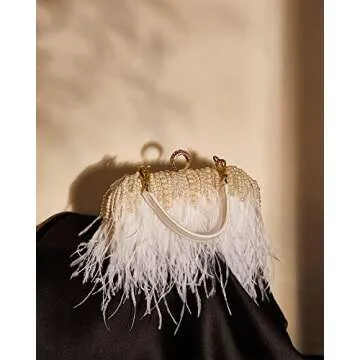 Tessco Women Ostrich Feather Tote Bag Fluffy Purse Clutch Feather Evening Handbag for Wedding(White with Pearl)