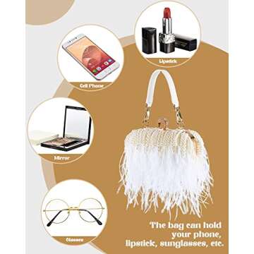 Tessco Women Ostrich Feather Tote Bag Fluffy Purse Clutch Feather Evening Handbag for Wedding(White with Pearl)