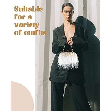 Tessco Women Ostrich Feather Tote Bag Fluffy Purse Clutch Feather Evening Handbag for Wedding(White with Pearl)