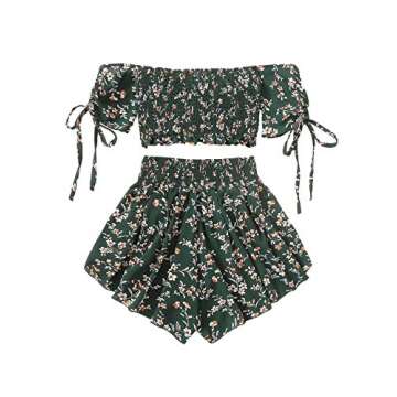 SheIn Women's Boho Floral Two Piece Outfit Off Shoulder Drawstring Crop Top and Shorts Set Medium Dark Green