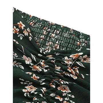 SheIn Women's Boho Floral Two Piece Outfit Off Shoulder Drawstring Crop Top and Shorts Set Medium Dark Green