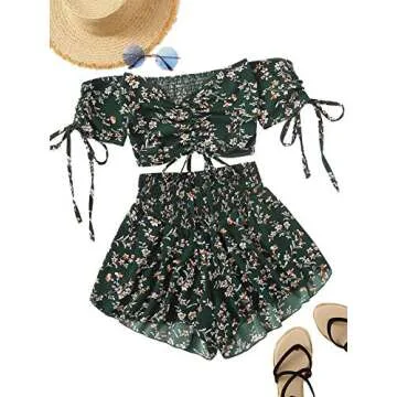 SheIn Women's Boho Floral Two Piece Outfit Off Shoulder Drawstring Crop Top and Shorts Set Medium Dark Green