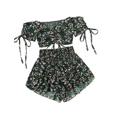 SheIn Women's Boho Floral Two Piece Outfit Off Shoulder Drawstring Crop Top and Shorts Set Medium Dark Green