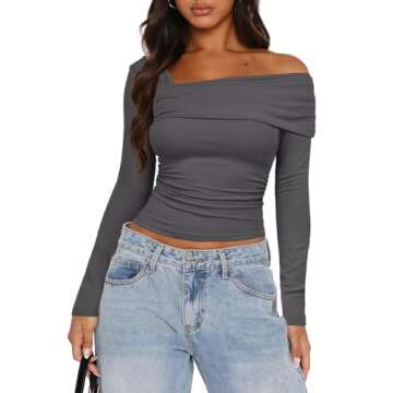Darong Women Y2k Off One Shoulder Tops Casual Shirt Slim Fit Long Sleeve Blouses Solid Color Aesthetic Clothes 9033 Grey S
