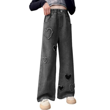 AOWKULAE Girls Baggy Jeans Heart Print High Waist Stretch Pants, Size 6-7 Years