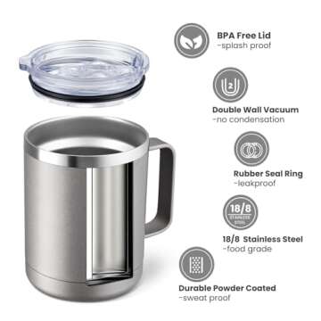 MEWAY 12oz Coffee Mug With Handle and Sliding Lid,Stainless Steel Travel Tumbler Cup with Handle,Dou...