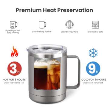 MEWAY 12oz Coffee Mug With Handle and Sliding Lid,Stainless Steel Travel Tumbler Cup with Handle,Double Wall Vacuum Insulated Camping Cup for Hot & Cold Drinks Tea (Cold Grey,Set of 1