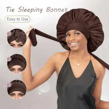 BONNET QUEEN Large Satin Bonnet Silk Bonnet for Sleeping Women Hair Bonnet Big Bonnet Night Sleep Cap Scarf Wrap for Curly Hair with Tie Band Brown
