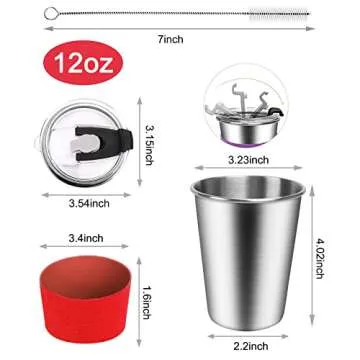 ShineMe Kids Stainless Steel Cups,12oz Kids Metal Drinking Glasses with Lids and Sleeves, 5pack Reus...