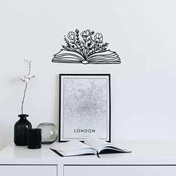 SwallowLiving 14 x 7 Inches Reading Sign Decor Book Lovers Teacher Gift Black Metal Book Flower Wall...