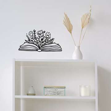 SwallowLiving 14 x 7 Inches Reading Sign Decor Book Lovers Teacher Gift Black Metal Book Flower Wall Art for Library,Reading Room,Living room or Bedroom