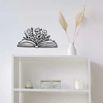 SwallowLiving 14 x 7 Inches Reading Sign Decor Book Lovers Teacher Gift Black Metal Book Flower Wall Art for Library,Reading Room,Living room or Bedroom