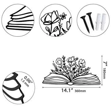 SwallowLiving 14 x 7 Inches Reading Sign Decor Book Lovers Teacher Gift Black Metal Book Flower Wall Art for Library,Reading Room,Living room or Bedroom