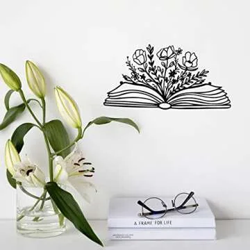SwallowLiving 14 x 7 Inches Reading Sign Decor Book Lovers Teacher Gift Black Metal Book Flower Wall Art for Library,Reading Room,Living room or Bedroom