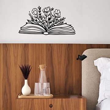 SwallowLiving 14 x 7 Inches Reading Sign Decor Book Lovers Teacher Gift Black Metal Book Flower Wall Art for Library,Reading Room,Living room or Bedroom