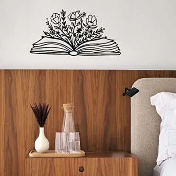 SwallowLiving 14 x 7 Inches Reading Sign Decor Book Lovers Teacher Gift Black Metal Book Flower Wall Art for Library,Reading Room,Living room or Bedroom