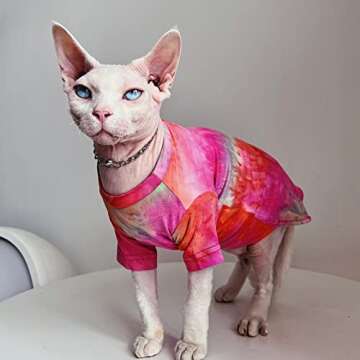 Bonaweite Hairless Cats Rainbow Rendering T-Shirt for Spring Summer Autumn, Breathable Cat Wear Clothes Vest Shirts for Sphynx, Cornish Rex, Devon Rex, Peterbald