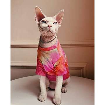 Bonaweite Hairless Cats Rainbow Rendering T-Shirt for Spring Summer Autumn, Breathable Cat Wear Clothes Vest Shirts for Sphynx, Cornish Rex, Devon Rex, Peterbald