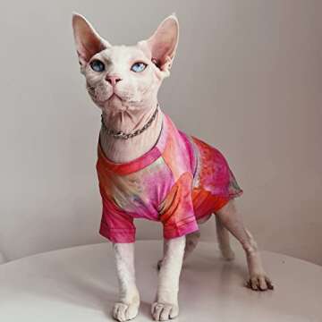 Bonaweite Hairless Cats Rainbow Rendering T-Shirt for Spring Summer Autumn, Breathable Cat Wear Clothes Vest Shirts for Sphynx, Cornish Rex, Devon Rex, Peterbald