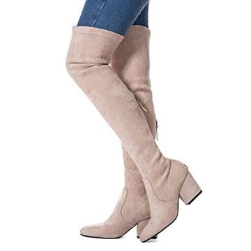 N.N.G Over Knee Boots Women - Comfortable Winter Suede Block Thigh High Cream