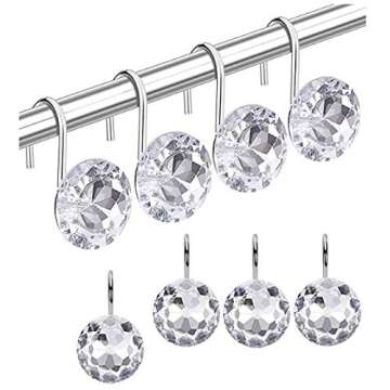 Shower Curtain Hooks, 24PCS Stainless Steel Rhinestones Crystal Shower Curtain Rings Diamond Shower Hooks Hangers Hooks Decorative for Bathroom Bedroom Home .(Chrome)