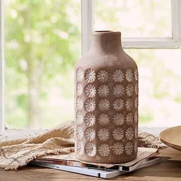 LUKA Ceramic Rustic Farmhouse Vase,10 inch Terracotta Vase,Pottery Decorative Flower Vase for Home D...