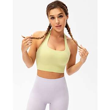 Lavento Women's Halter Sports Bra Pleated Longline Padded Yoga Crop Bras Top (Summer Lime, 4)