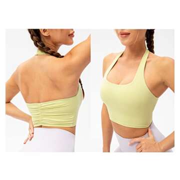Lavento Women's Halter Sports Bra Pleated Longline Padded Yoga Crop Bras Top (Summer Lime, 4)