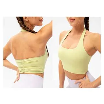 Lavento Women's Halter Sports Bra Pleated Longline Padded Yoga Crop Bras Top (Summer Lime, 4)