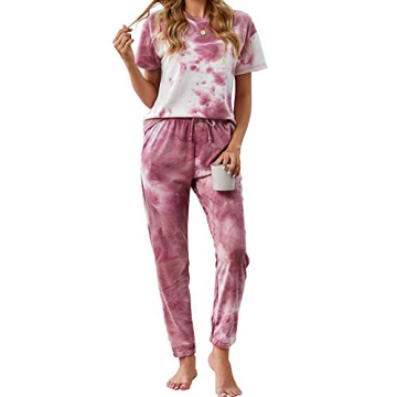 KIRUNDO Women's Two Piece Pajamas Set Tie Dye Printed Short Sleeves T-Shirt Long Pants Joggers Sleep...