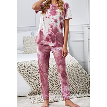 KIRUNDO Women's Two Piece Pajamas Set Tie Dye Printed Short Sleeves T-Shirt Long Pants Joggers Sleepwear Lounge Set with Belt Red