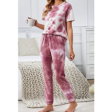 KIRUNDO Women's Two Piece Pajamas Set Tie Dye Printed Short Sleeves T-Shirt Long Pants Joggers Sleepwear Lounge Set with Belt Red