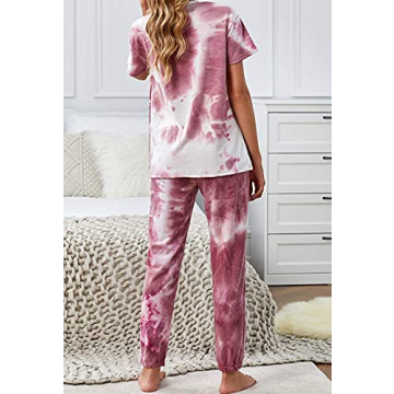KIRUNDO Women's Two Piece Pajamas Set Tie Dye Printed Short Sleeves T-Shirt Long Pants Joggers Sleepwear Lounge Set with Belt Red