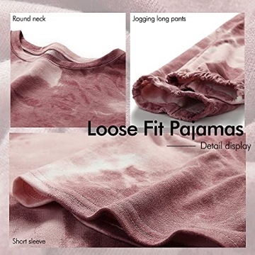 KIRUNDO Women's Two Piece Pajamas Set Tie Dye Printed Short Sleeves T-Shirt Long Pants Joggers Sleepwear Lounge Set with Belt Red