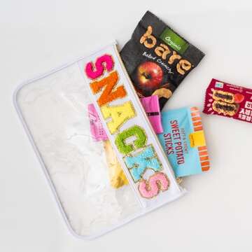 Fablinks Clear Snacks Bag, Chenille Varsity Letter Snack Pouch, Travel Zipper Bags for Mom, Aestheti...