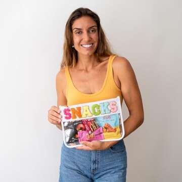 Fablinks Clear Snacks Bag, Chenille Varsity Letter Snack Pouch, Travel Zipper Bags for Mom, Aesthetic Storage Organizer Pouches for Women with Glitter Patch Letters (SNACKS-White)