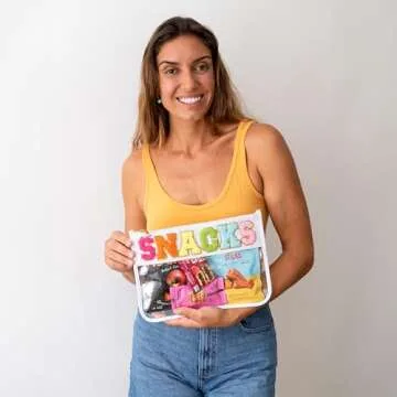 Fablinks Clear Snacks Bag, Chenille Varsity Letter Snack Pouch, Travel Zipper Bags for Mom, Aesthetic Storage Organizer Pouches for Women with Glitter Patch Letters (SNACKS-White)