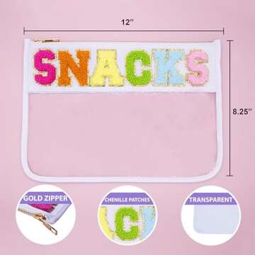 Fablinks Clear Snacks Bag, Chenille Varsity Letter Snack Pouch, Travel Zipper Bags for Mom, Aesthetic Storage Organizer Pouches for Women with Glitter Patch Letters (SNACKS-White)