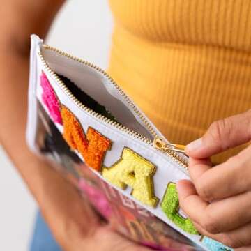 Fablinks Clear Snacks Bag, Chenille Varsity Letter Snack Pouch, Travel Zipper Bags for Mom, Aesthetic Storage Organizer Pouches for Women with Glitter Patch Letters (SNACKS-White)