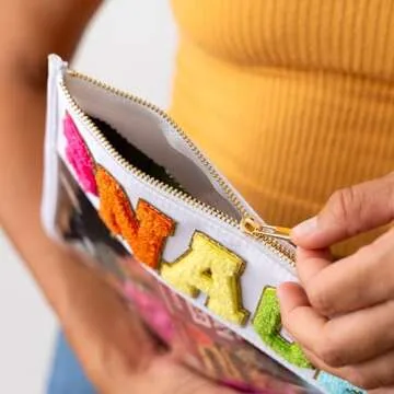 Fablinks Clear Snacks Bag, Chenille Varsity Letter Snack Pouch, Travel Zipper Bags for Mom, Aesthetic Storage Organizer Pouches for Women with Glitter Patch Letters (SNACKS-White)