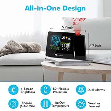 DR.PREPARE Projection Alarm Clock, Digital Clock Projector on Ceiling with Indoor/Outdoor Temperature Display, Dual Alarms, Colored Backlight, Weather Forecast, and Battery Backup for Bedroom